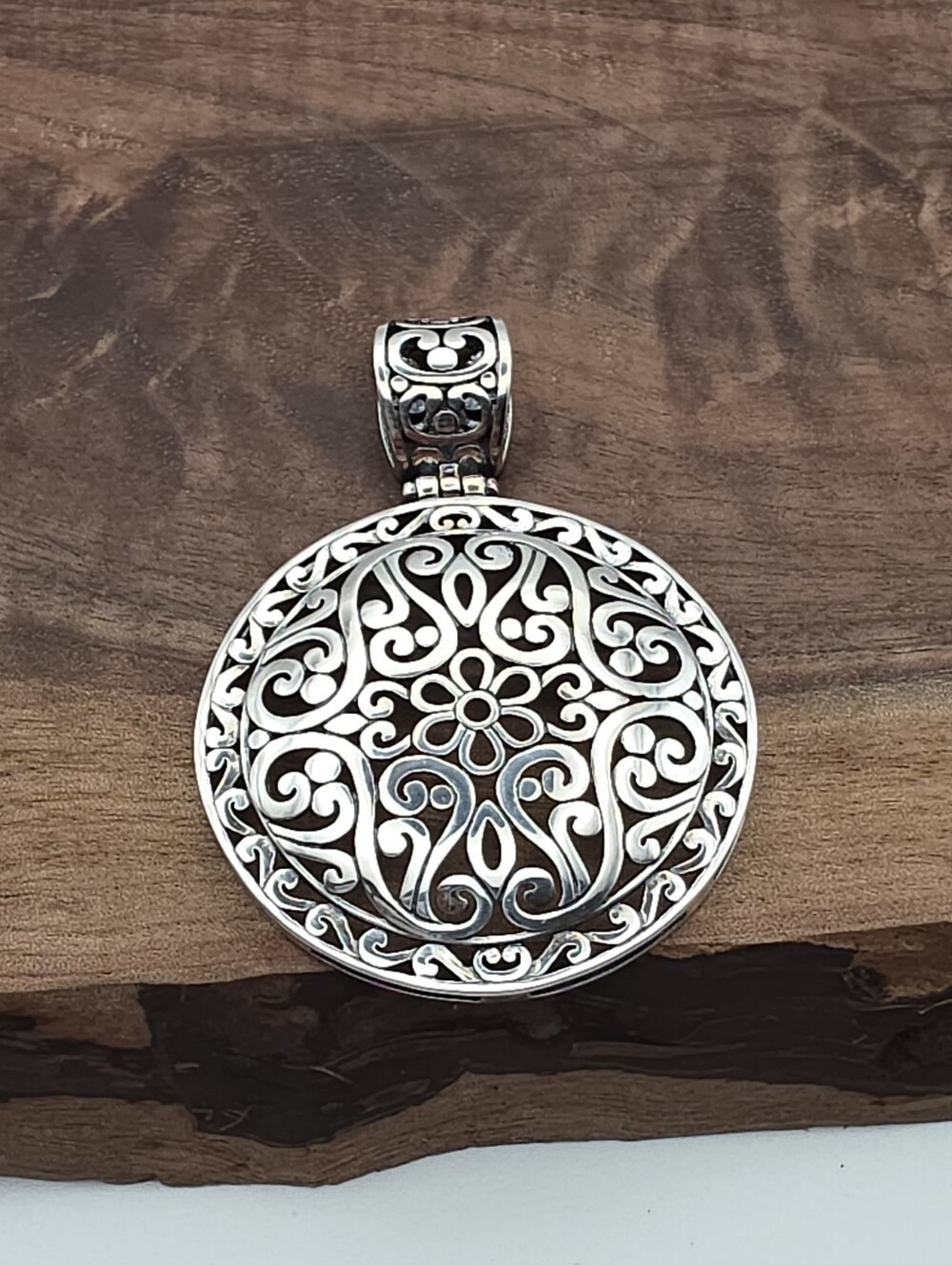 VTG Floral Bali Medallion Statement Pendant Slide Enhancer Sterling Silver 925